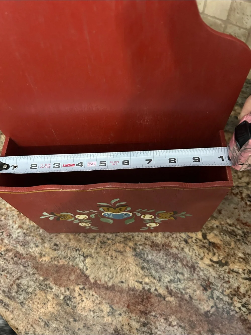 Red Decorative Wall Pocket with Hand-Painted Folk Art